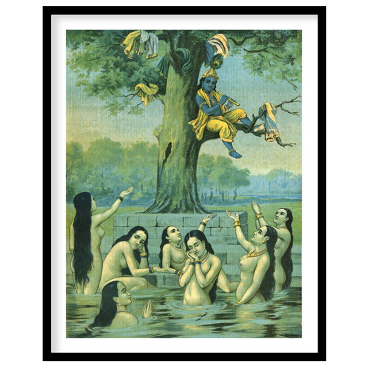 This enchanting piece captures the divine play of Krishna serenading while perched in a tree, for decor