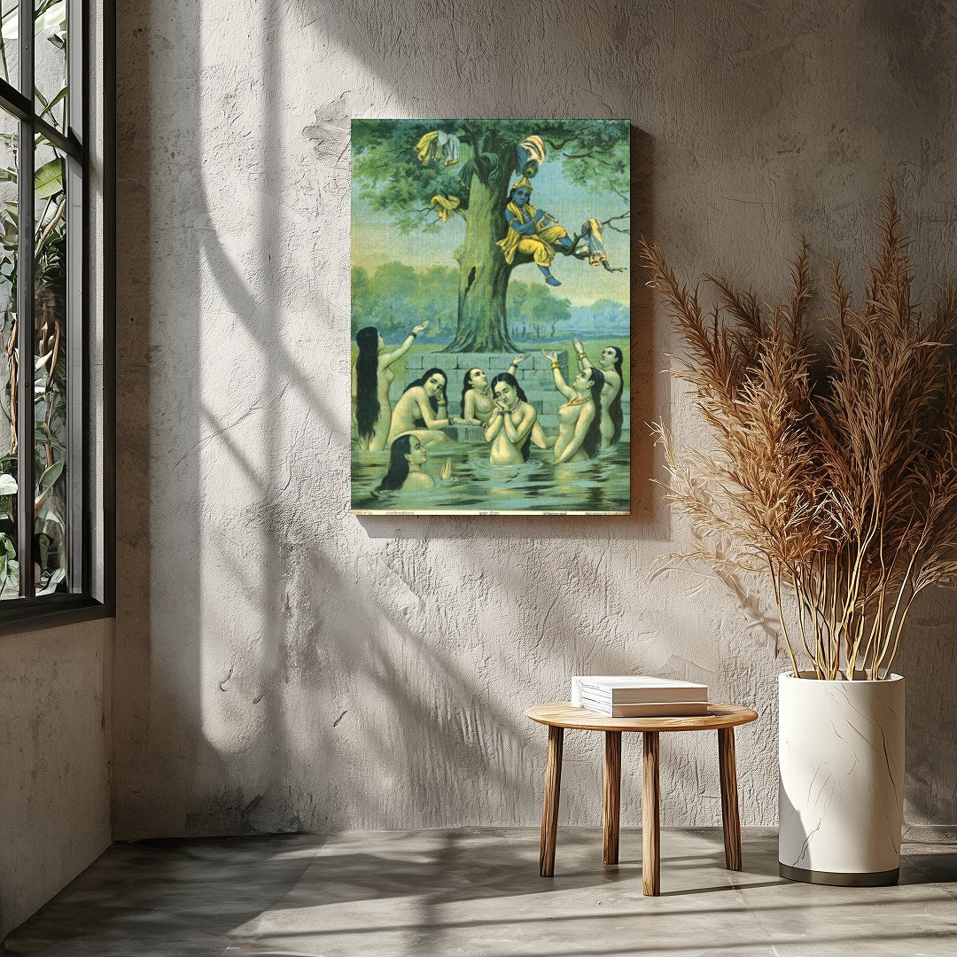 This enchanting piece captures the divine play of Krishna serenading while perched in a tree, for Entrance