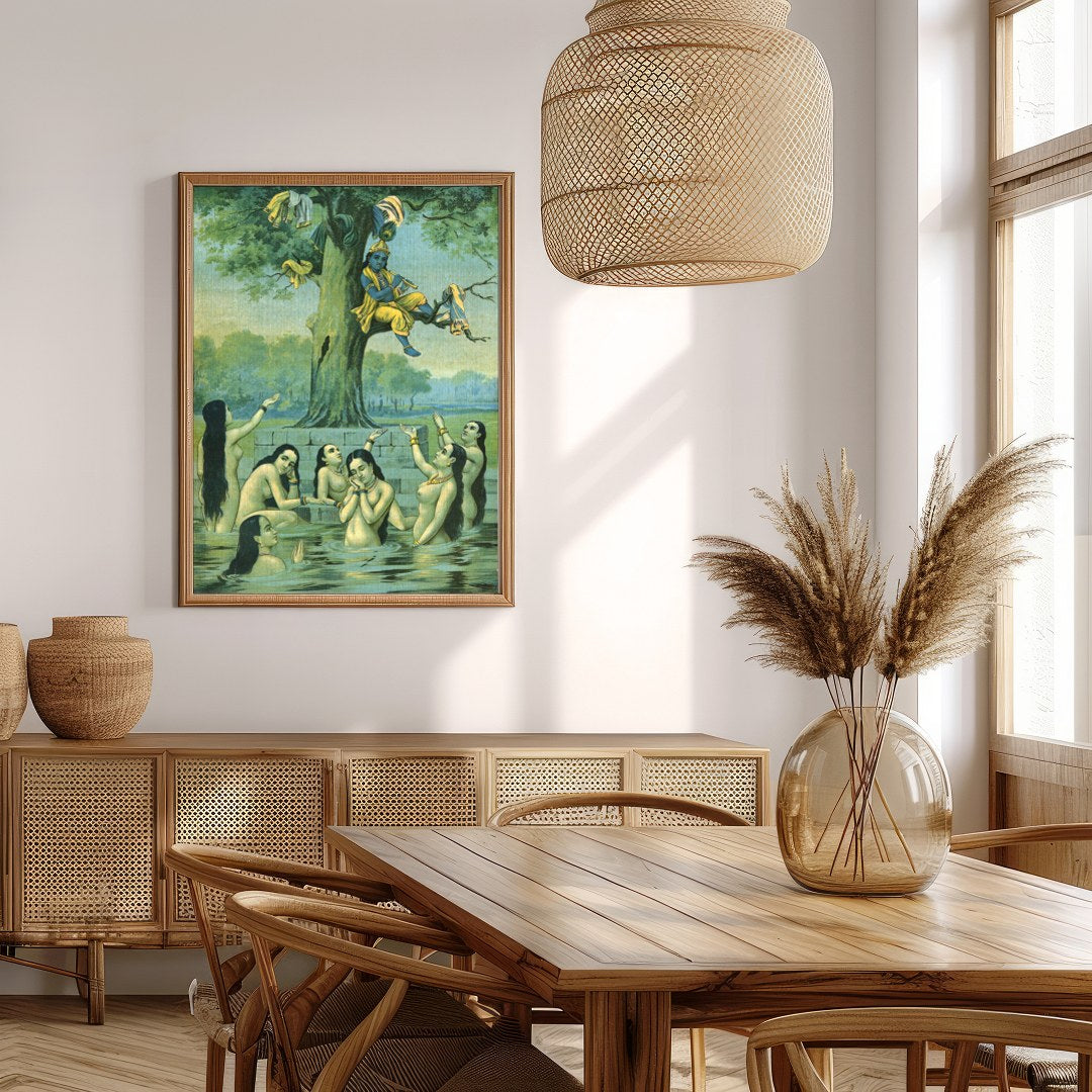 This enchanting piece captures the divine play of Krishna serenading while perched in a tree, for Extra Kitchen