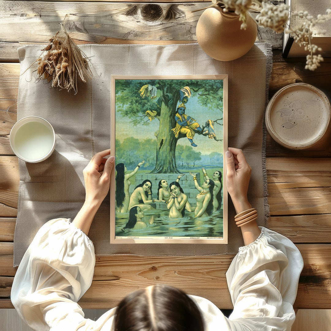 This enchanting piece captures the divine play of Krishna serenading while perched in a tree, for Kitchen