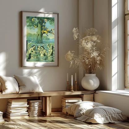 This enchanting piece captures the divine play of Krishna serenading while perched in a tree, for office