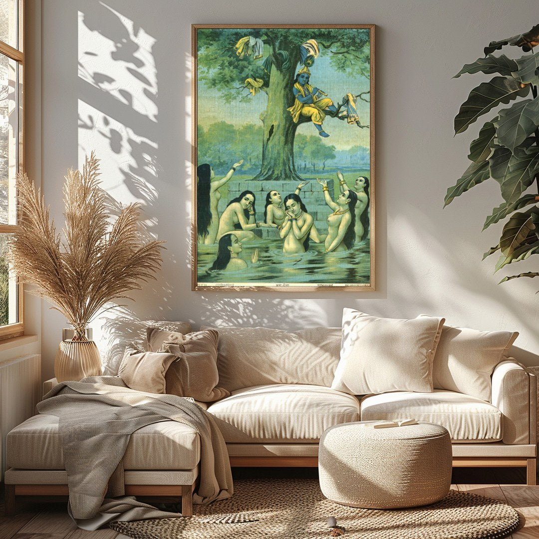 This enchanting piece captures the divine play of Krishna serenading while perched in a tree, for Sitting Area