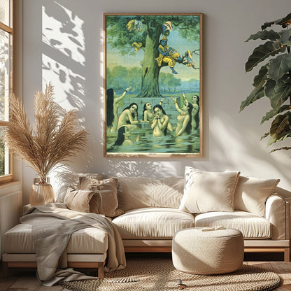 This enchanting piece captures the divine play of Krishna serenading while perched in a tree, for Sitting Area
