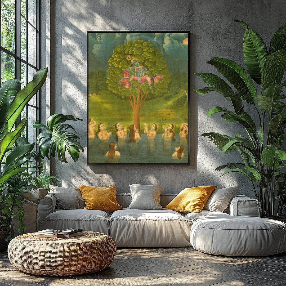 Experience the divine charm of Krishna in this exquisite artwork, where he mischievously sits atop for Balcony