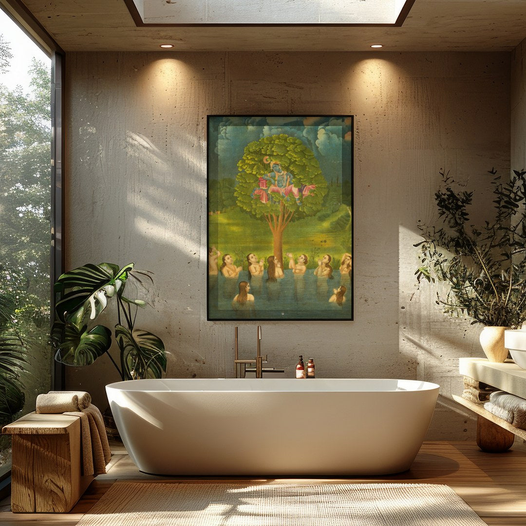 Experience the divine charm of Krishna in this exquisite artwork, where he mischievously sits atop for Bathroom