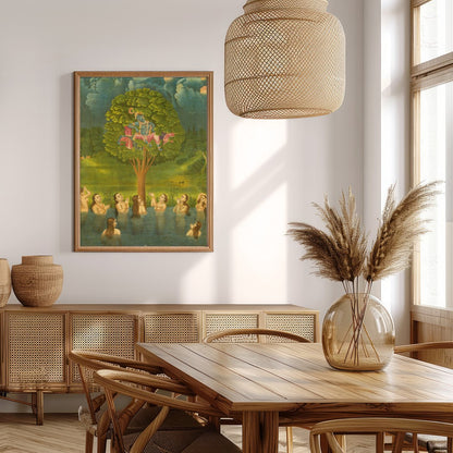 Experience the divine charm of Krishna in this exquisite artwork, where he mischievously sits atop for Extra Kitchen