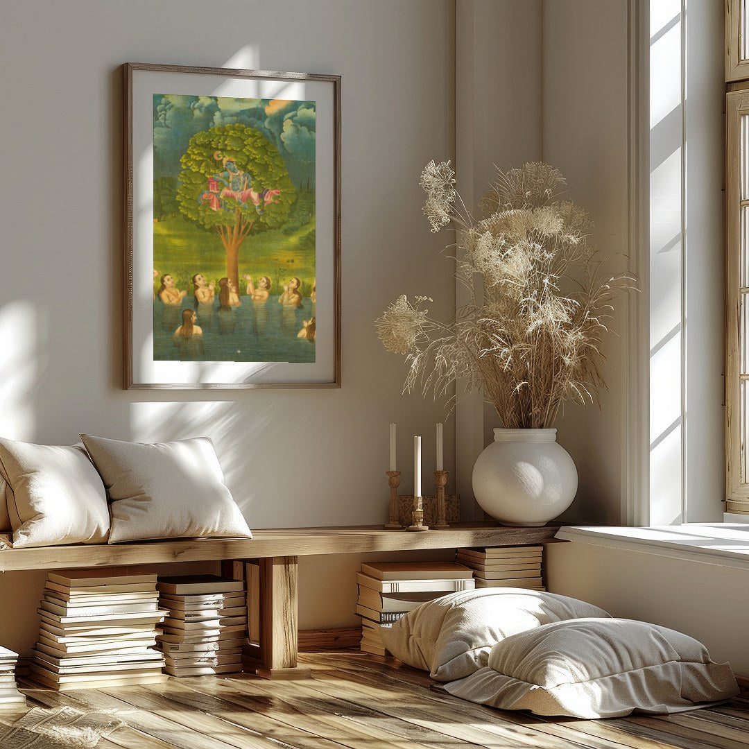 Experience the divine charm of Krishna in this exquisite artwork, where he mischievously sits atop for gallery
