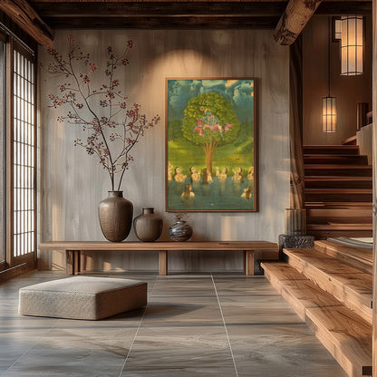 Experience the divine charm of Krishna in this exquisite artwork, where he mischievously sits atop for Hall