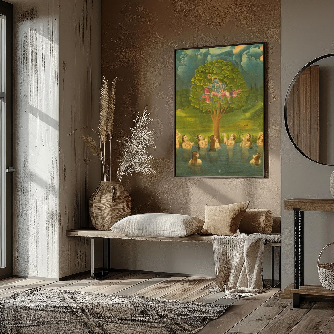 Experience the divine charm of Krishna in this exquisite artwork, where he mischievously sits atop for haven