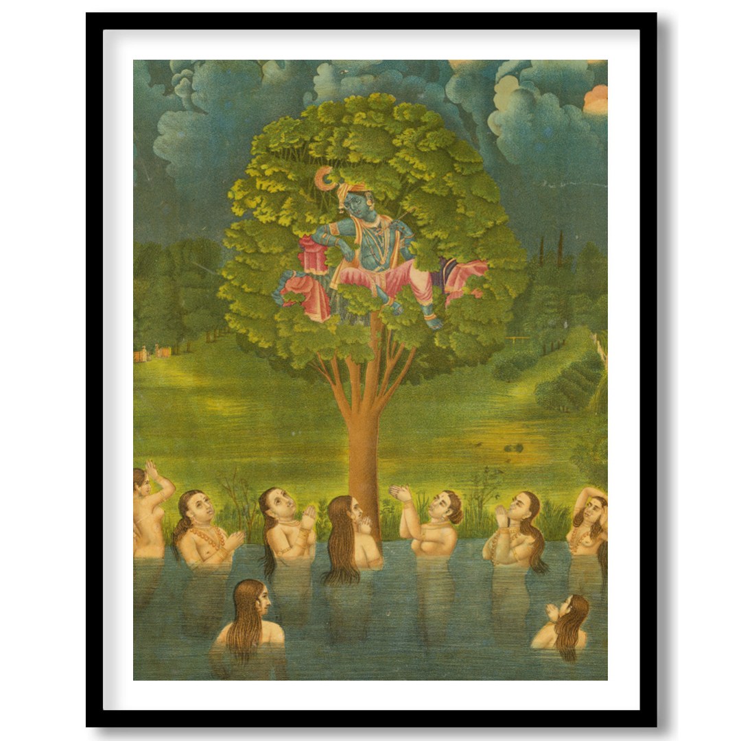 Experience the divine charm of Krishna in this exquisite artwork, where he mischievously sits atop for kitchen