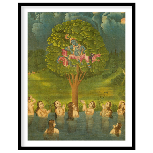 Experience the divine charm of Krishna in this exquisite artwork, where he mischievously sits atop for kitchen