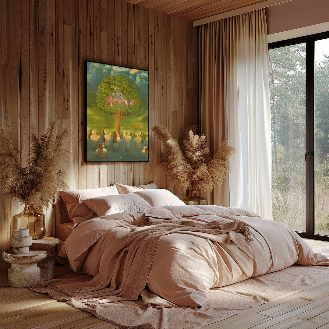 Experience the divine charm of Krishna in this exquisite artwork, where he mischievously sits atop for Bedroom