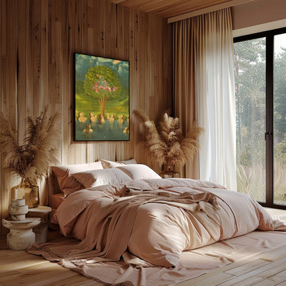 Experience the divine charm of Krishna in this exquisite artwork, where he mischievously sits atop for Bedroom