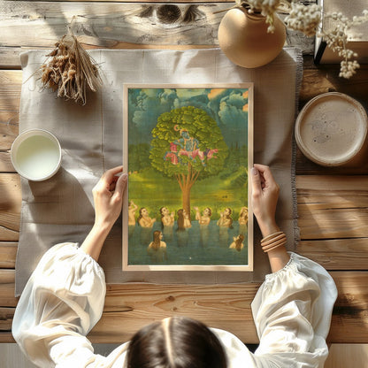 Experience the divine charm of Krishna in this exquisite artwork, where he mischievously sits atop for room