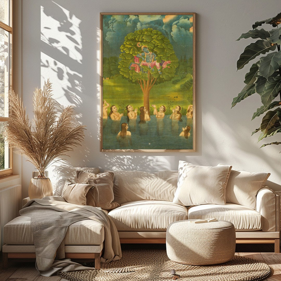 Experience the divine charm of Krishna in this exquisite artwork, where he mischievously sits atop for Sitting Area