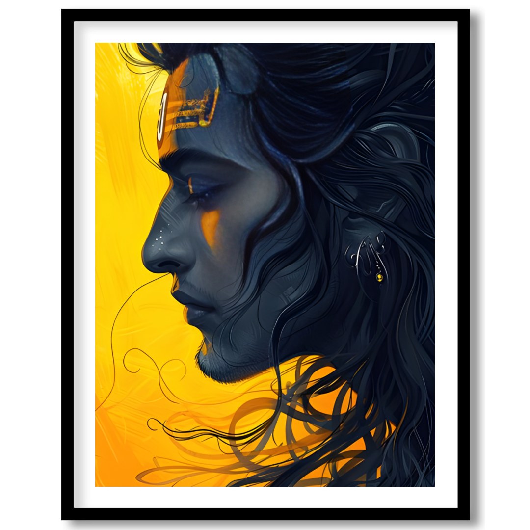 This captivating artwork showcases a serene figure set against a striking yellow background, for area