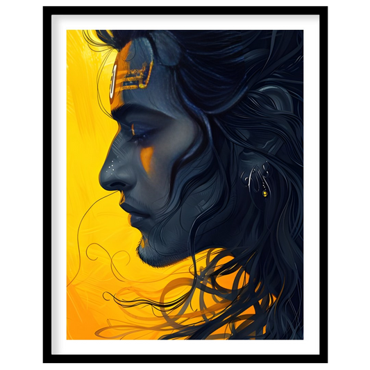 This captivating artwork showcases a serene figure set against a striking yellow background, for area