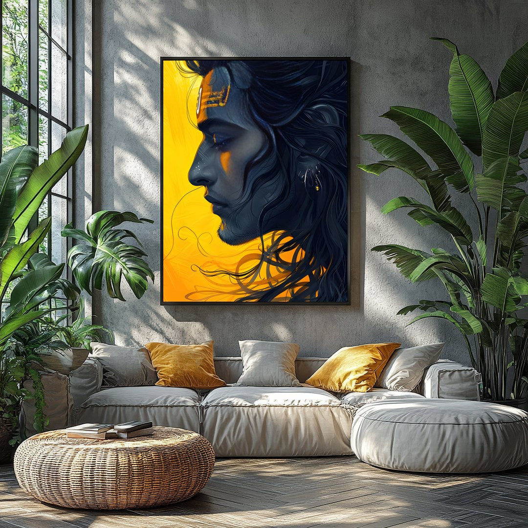 This captivating artwork showcases a serene figure set against a striking yellow background, for Balcony
