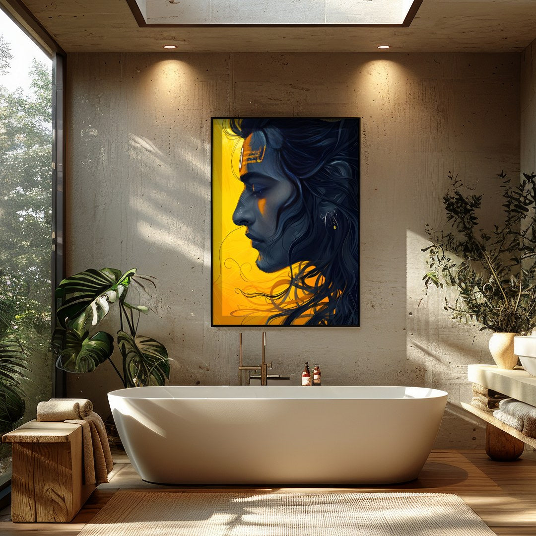 This captivating artwork showcases a serene figure set against a striking yellow background, for Bathroom
