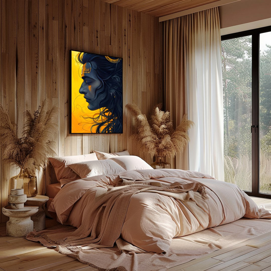 This captivating artwork showcases a serene figure set against a striking yellow background, for Bedroom