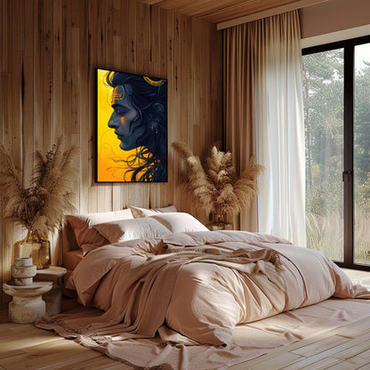 This captivating artwork showcases a serene figure set against a striking yellow background, for Bedroom