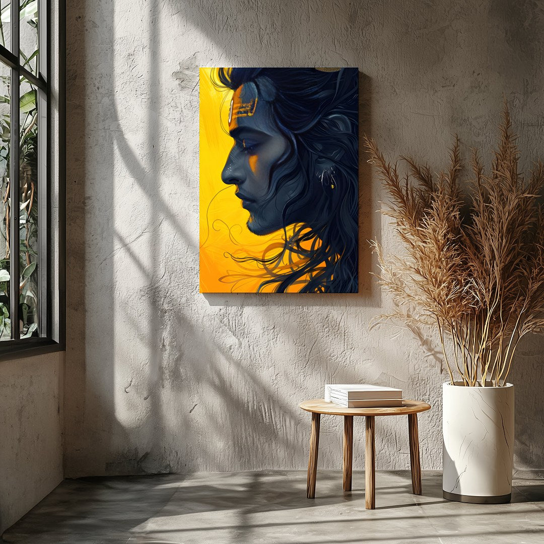 This captivating artwork showcases a serene figure set against a striking yellow background, for Entrance