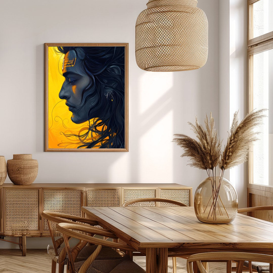 This captivating artwork showcases a serene figure set against a striking yellow background, for Extra Kitchen