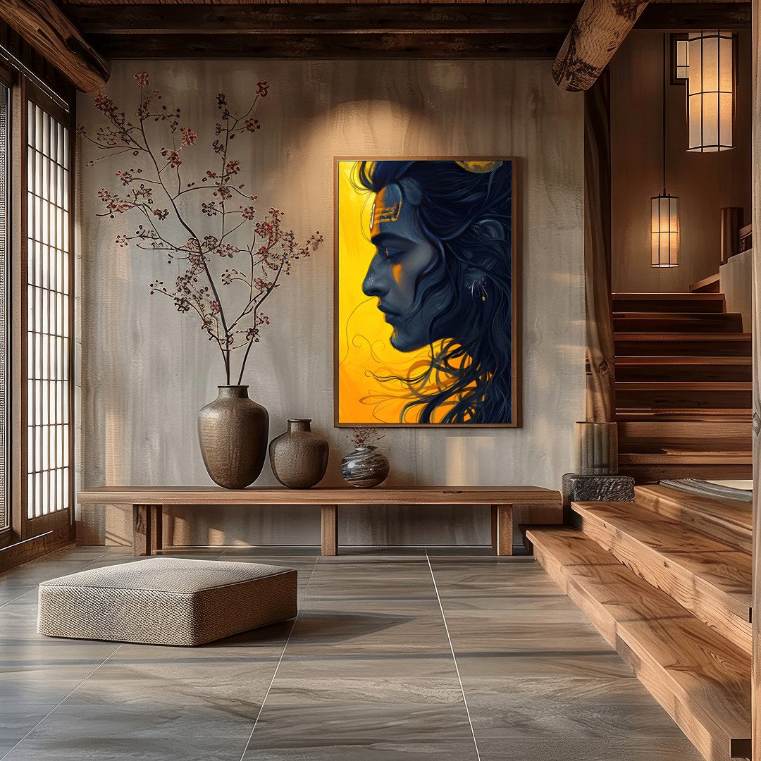 This captivating artwork showcases a serene figure set against a striking yellow background, for Hall