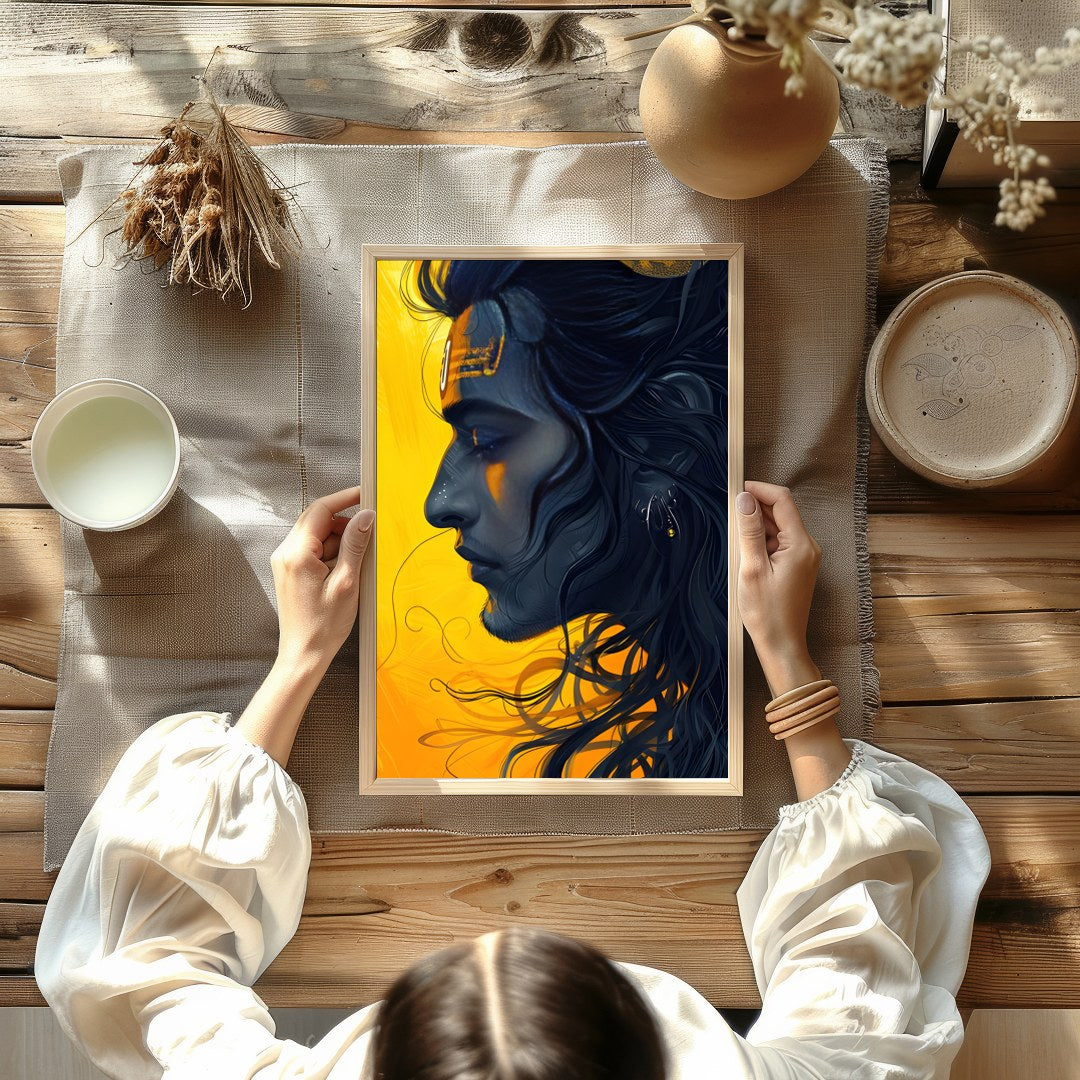 This captivating artwork showcases a serene figure set against a striking yellow background, for Kitchen