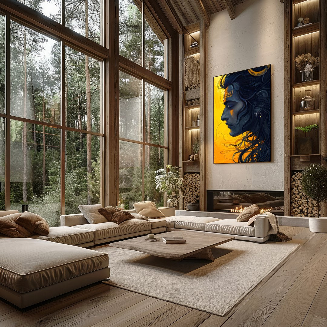 This captivating artwork showcases a serene figure set against a striking yellow background, for Living Room