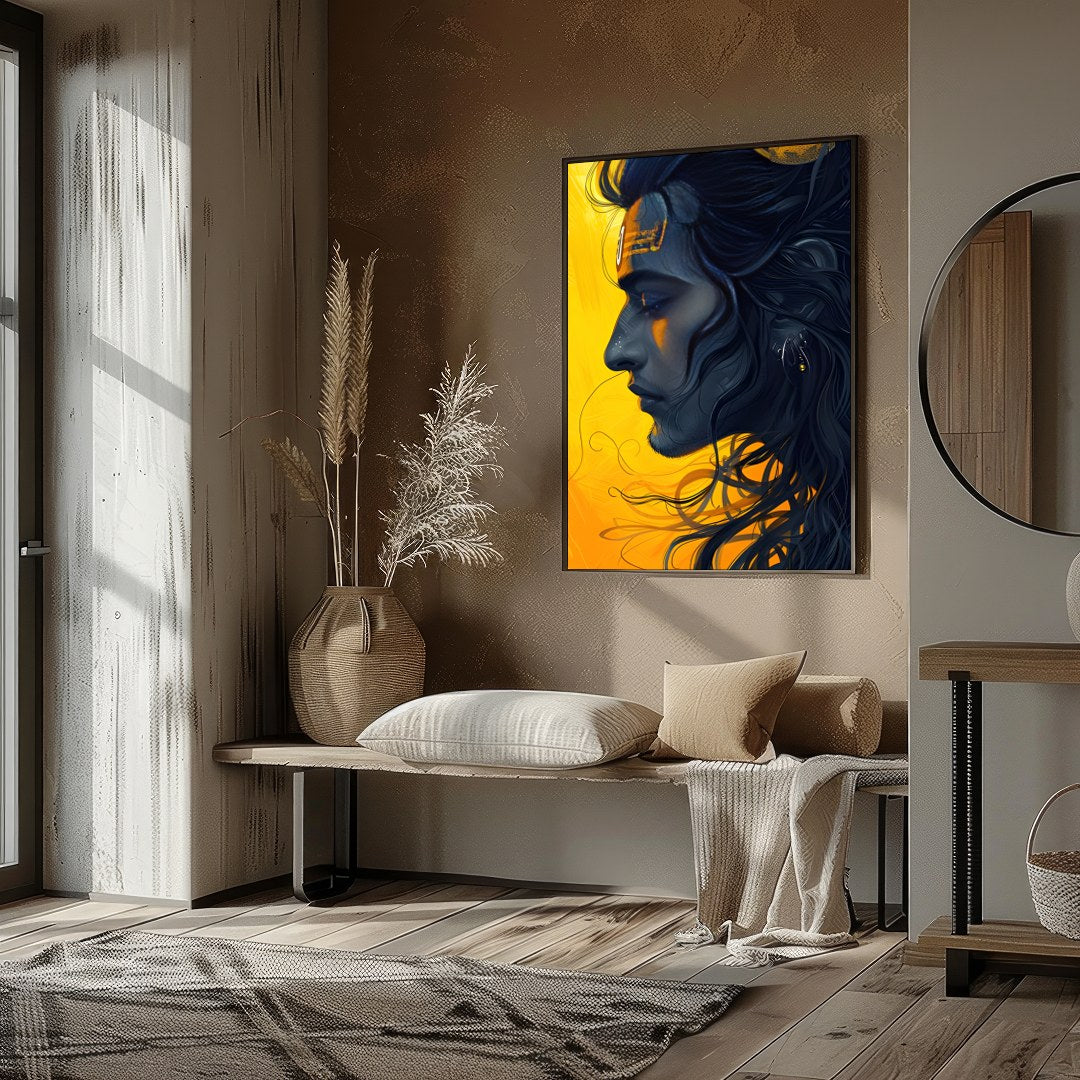 This captivating artwork showcases a serene figure set against a striking yellow background, for living-space