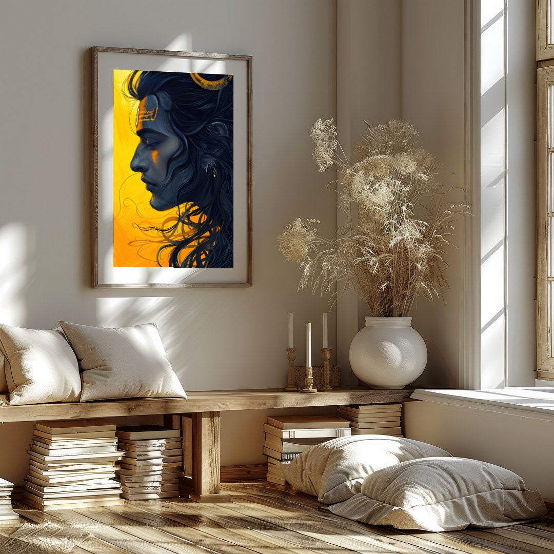 This captivating artwork showcases a serene figure set against a striking yellow background, for room