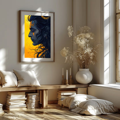 This captivating artwork showcases a serene figure set against a striking yellow background, for room