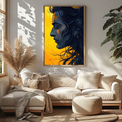 This captivating artwork showcases a serene figure set against a striking yellow background, for Sitting Area