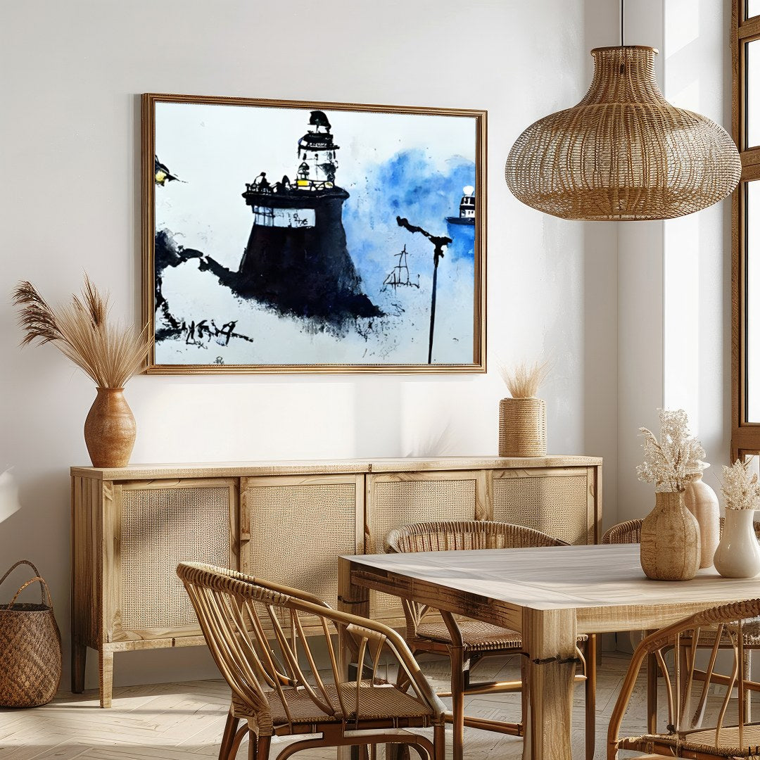 Immerse yourself in a serene coastal scene where lighthouses emerge from a misty backdrop, their for Dining