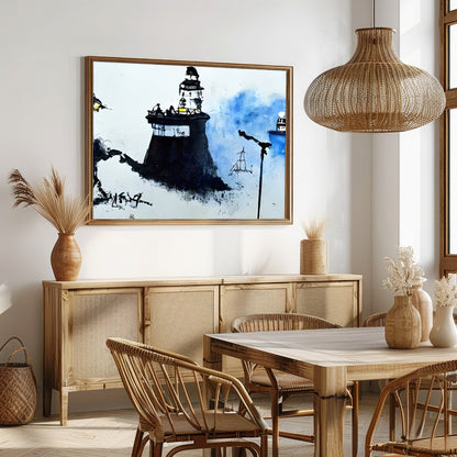 Immerse yourself in a serene coastal scene where lighthouses emerge from a misty backdrop, their for Dining