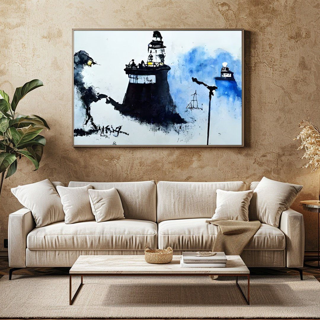 Immerse yourself in a serene coastal scene where lighthouses emerge from a misty backdrop, their for Family Room