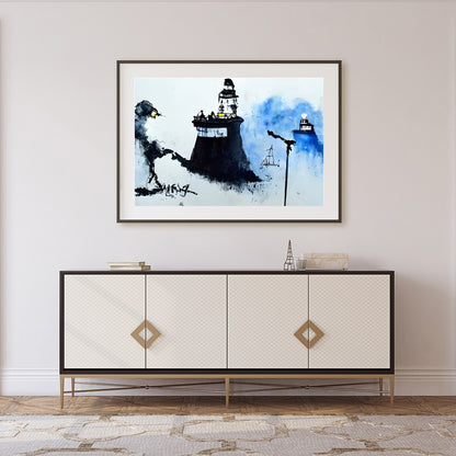 Immerse yourself in a serene coastal scene where lighthouses emerge from a misty backdrop, their for Foyer