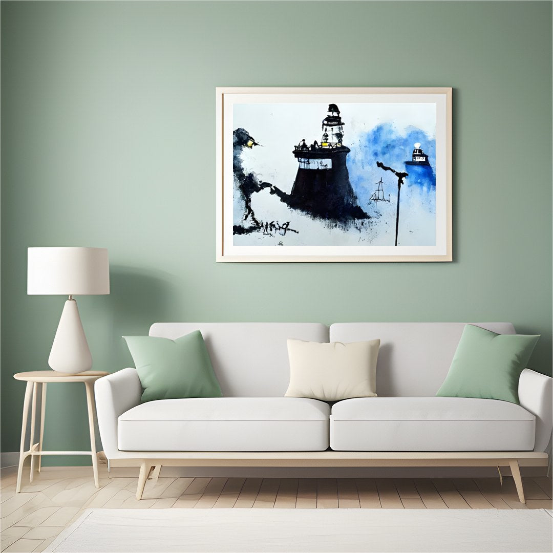 Immerse yourself in a serene coastal scene where lighthouses emerge from a misty backdrop, their for Hall