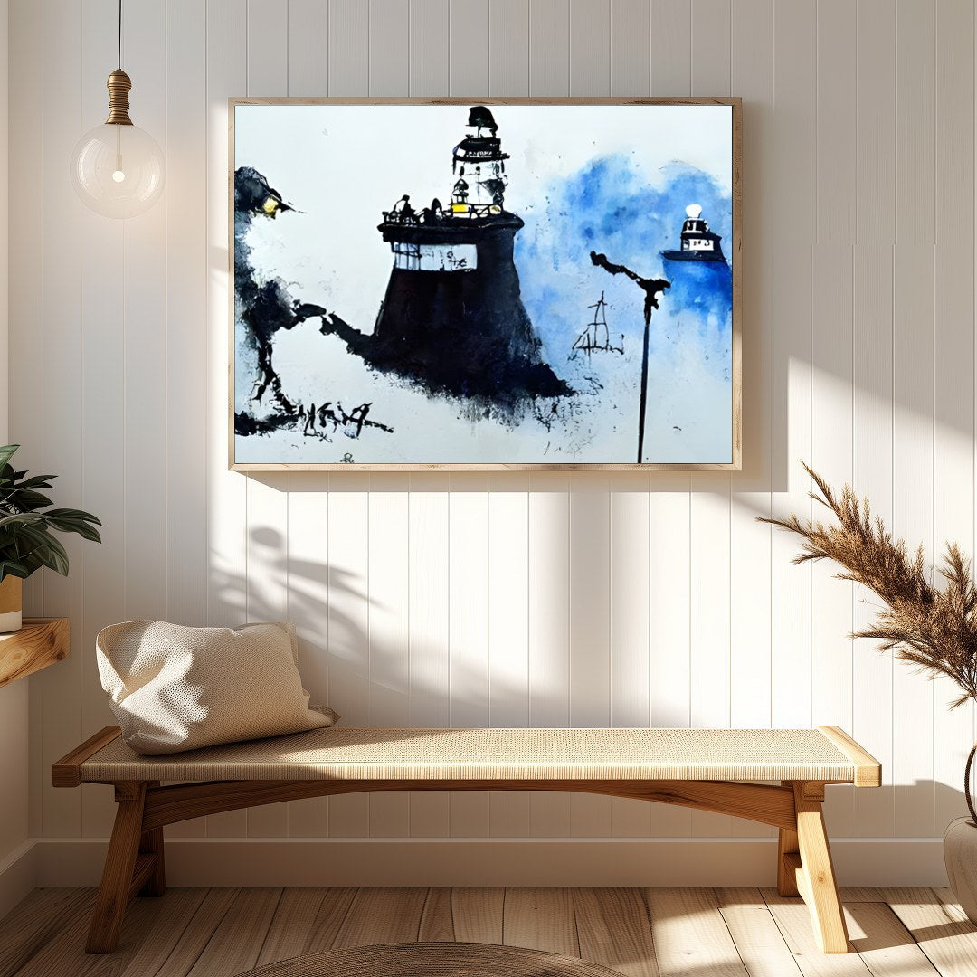 Immerse yourself in a serene coastal scene where lighthouses emerge from a misty backdrop, their for Hallway