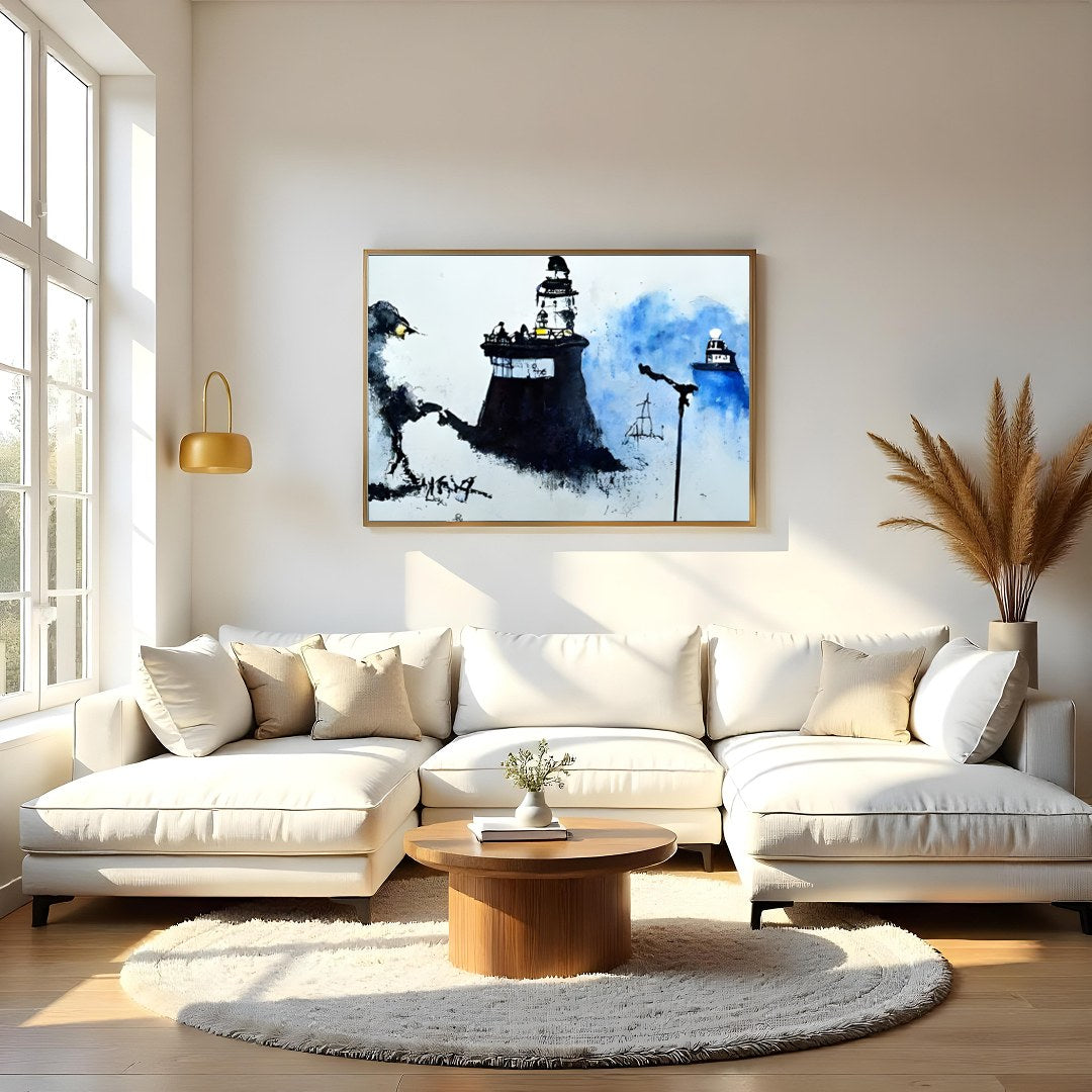 Immerse yourself in a serene coastal scene where lighthouses emerge from a misty backdrop, their for Living Room
