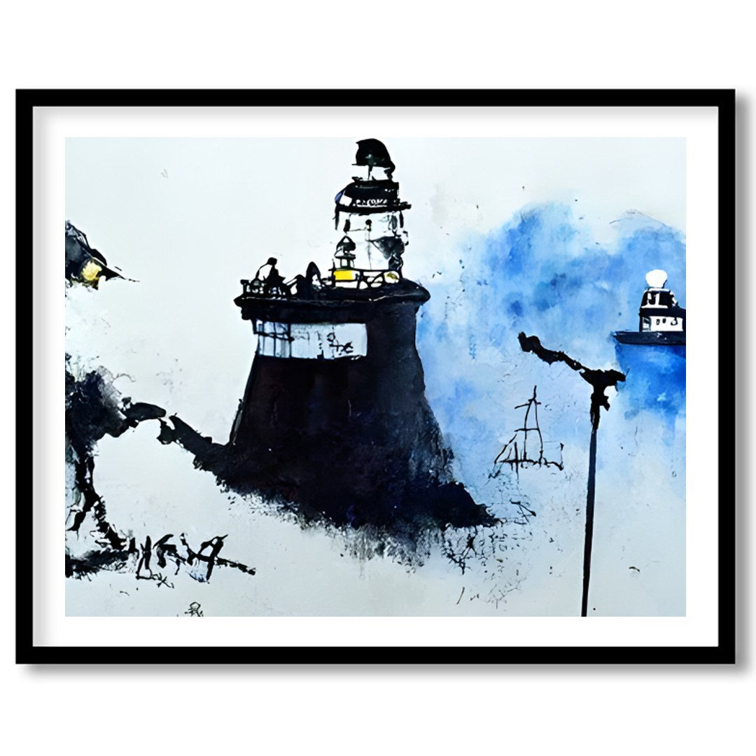 Immerse yourself in a serene coastal scene where lighthouses emerge from a misty backdrop, their for loft