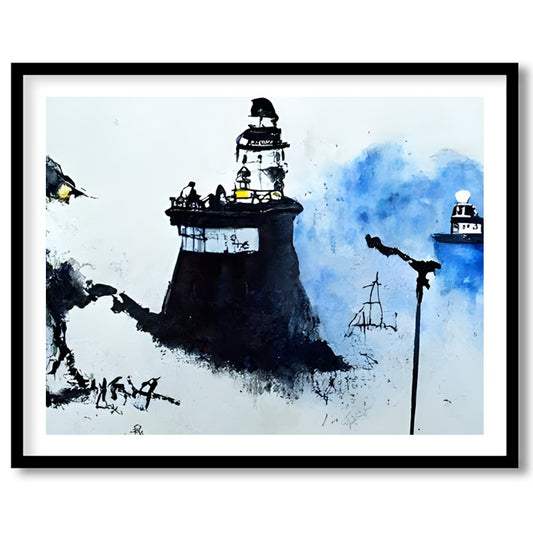 Immerse yourself in a serene coastal scene where lighthouses emerge from a misty backdrop, their for loft