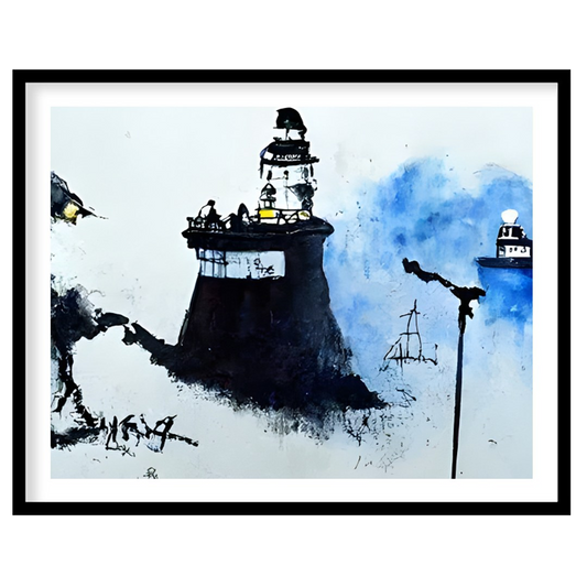 Immerse yourself in a serene coastal scene where lighthouses emerge from a misty backdrop, their for loft