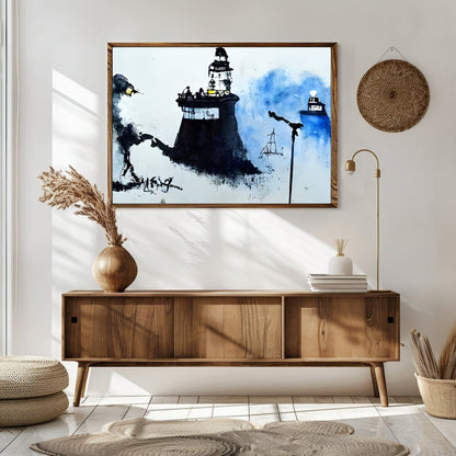 Immerse yourself in a serene coastal scene where lighthouses emerge from a misty backdrop, their for Sitting Area