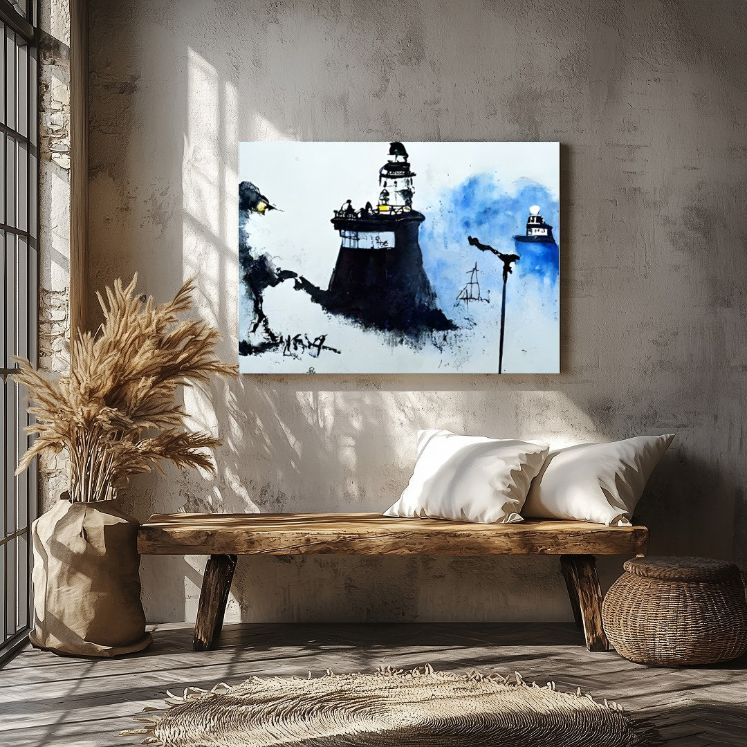 Immerse yourself in a serene coastal scene where lighthouses emerge from a misty backdrop, their for Veranda