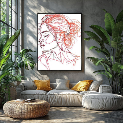 This stunning line art piece captures the serene beauty of a woman in profile, rendered in elegant for Balcony