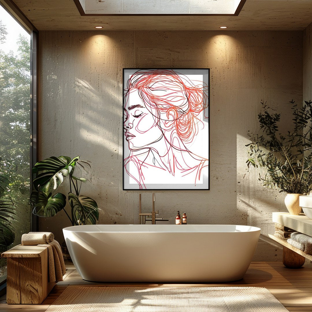 This stunning line art piece captures the serene beauty of a woman in profile, rendered in elegant for Bathroom