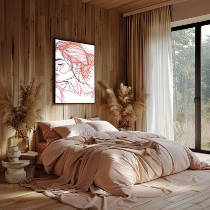 This stunning line art piece captures the serene beauty of a woman in profile, rendered in elegant for Bedroom