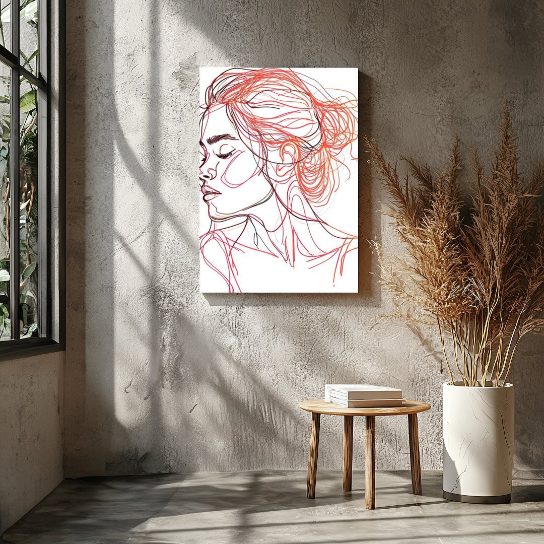 This stunning line art piece captures the serene beauty of a woman in profile, rendered in elegant for Entrance